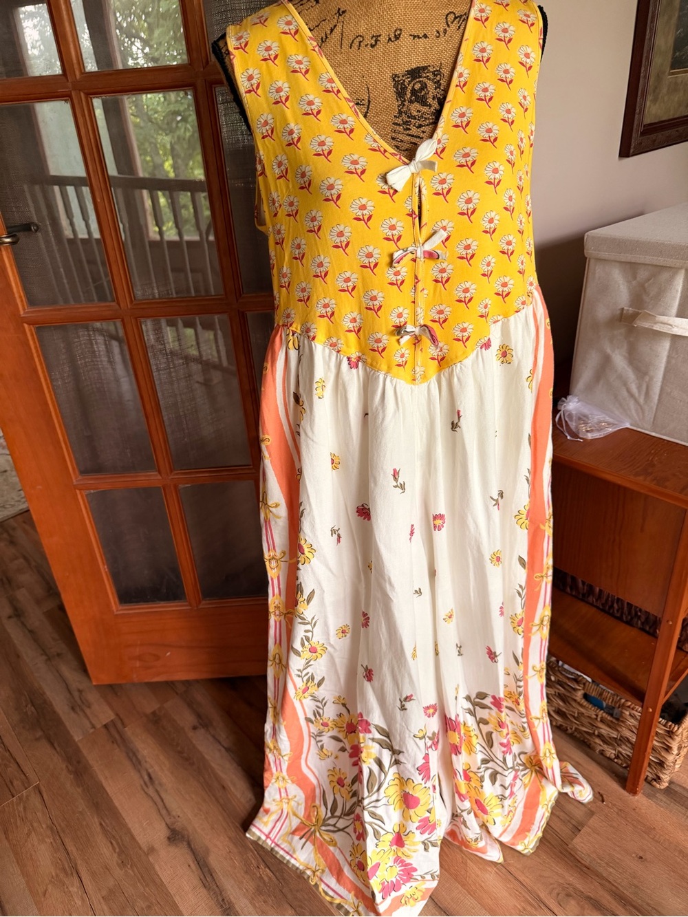 Free People Yellow Floral Maxi Jumpsuit with Cream and Coral Panels